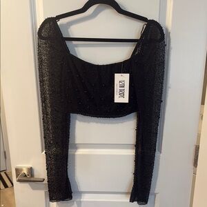 12th Tribe Black Beaded Long Sleeve Crop Top